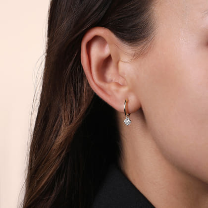 14K Yellow Gold Cushion Cut Pave 10mm Diamond Drop Earrings