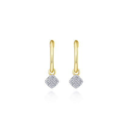 14K Yellow Gold Cushion Cut Pave 10mm Diamond Drop Earrings