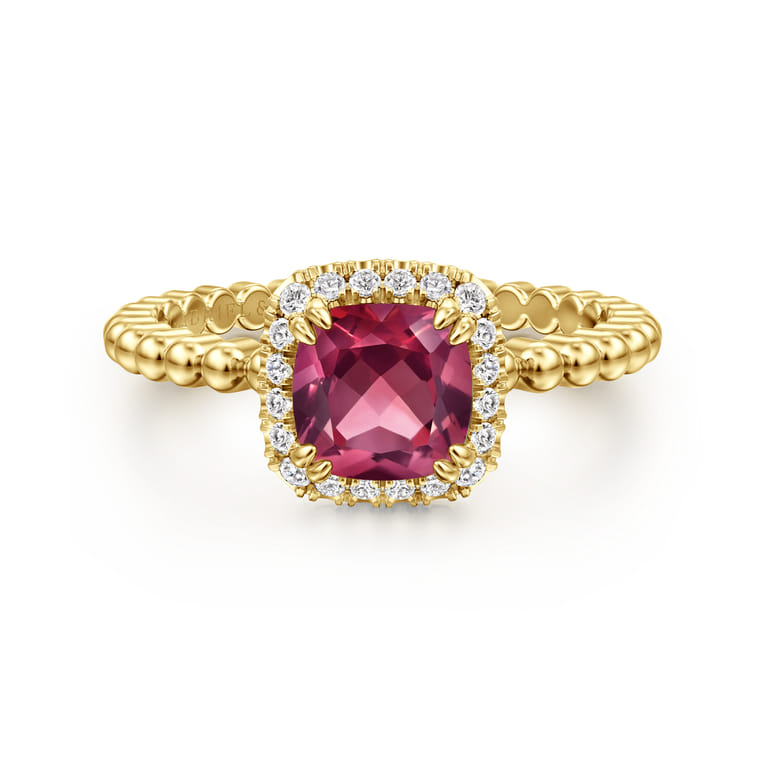 14K Yellow Gold Cushion Cut Pink Tourmaline and Diamond Halo Ring - 0.1 ct - Shot 1