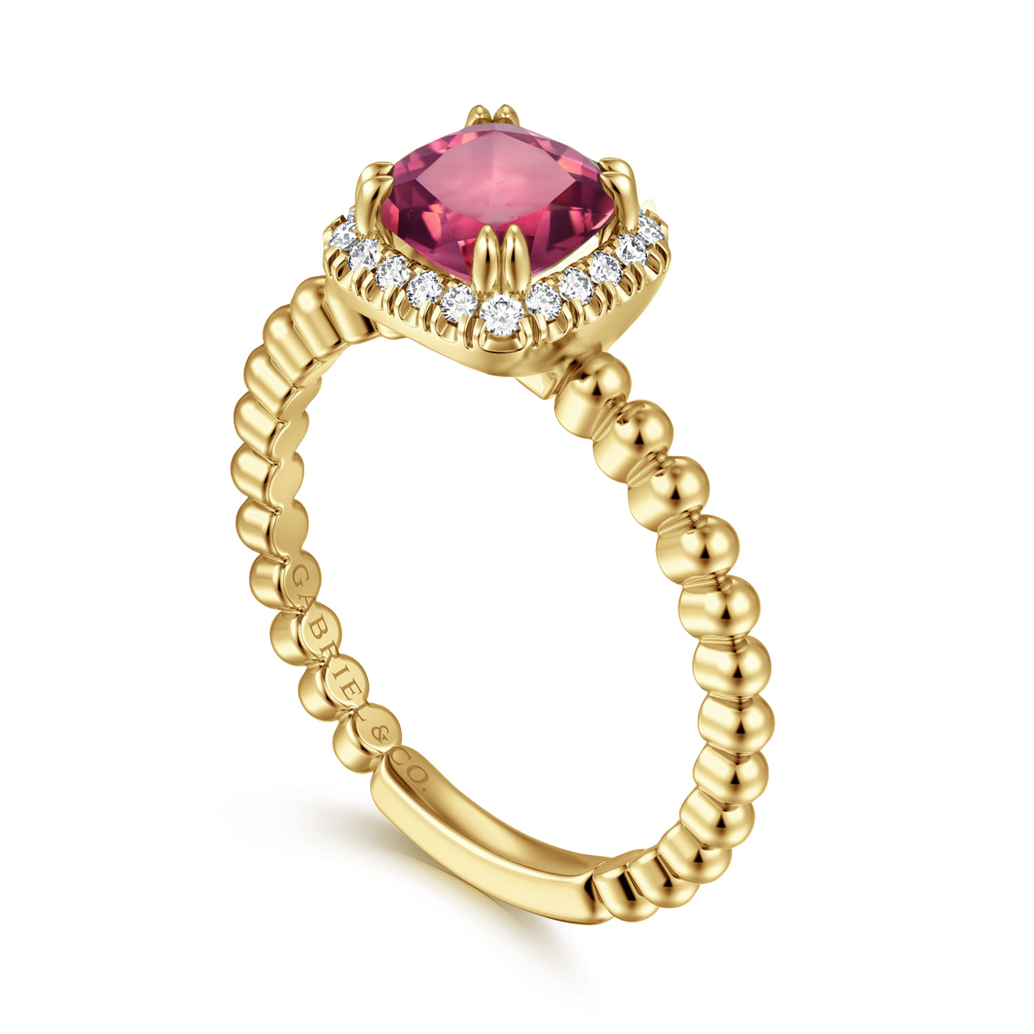14K Yellow Gold Cushion Cut Pink Tourmaline and Diamond Halo Ring
