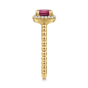 14K Yellow Gold Cushion Cut Pink Tourmaline and Diamond Halo Ring