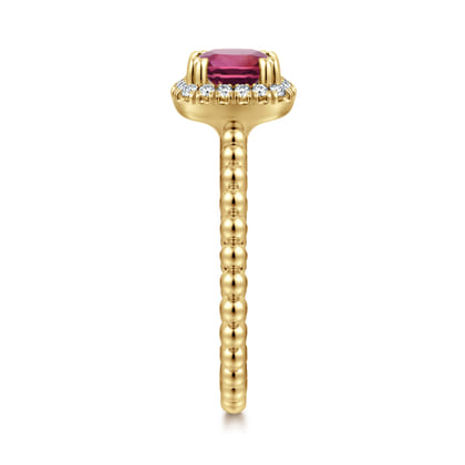 14K Yellow Gold Cushion Cut Pink Tourmaline and Diamond Halo Ring