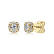 14K Yellow Gold Cushion Halo Round Diamond Stud Earrings