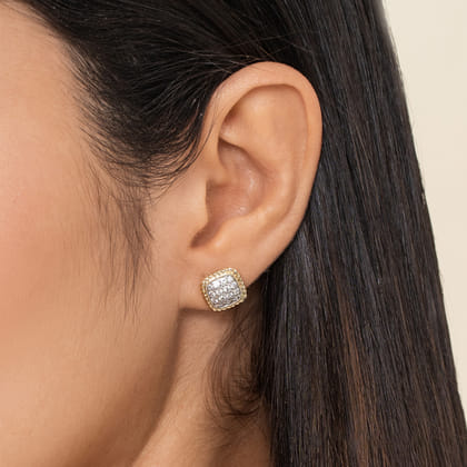 14K Yellow Gold Cushion Shape Pave Diamond Stud Earrings