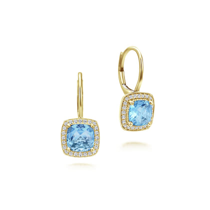 14K Yellow Gold Cushion Shape Swiss Blue Topaz Diamond Halo Drop Earrings
