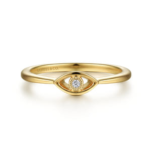14K Yellow Gold Dainty Evil Eye Diamond Ring
