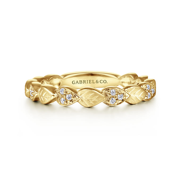 14K Yellow Gold Delicate Leaf Diamond Stackable Ring - 0.09 ct - Shot 1