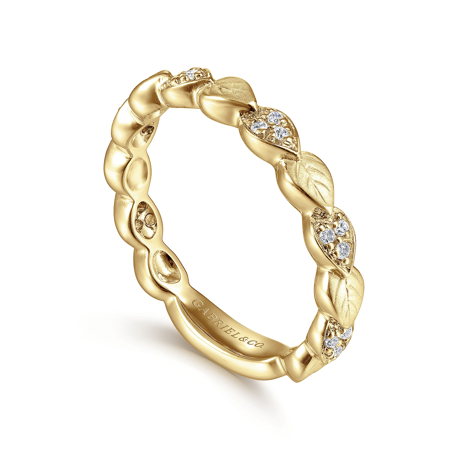 14K Yellow Gold Delicate Leaf Diamond Stackable Ring - 0.09 ct - Shot 3