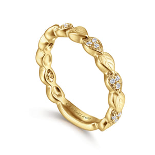14K Yellow Gold Delicate Leaf Diamond Stackable Ring