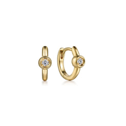 14K Yellow Gold Diamond 10mm Huggie with Bezel Set and Plain Gold