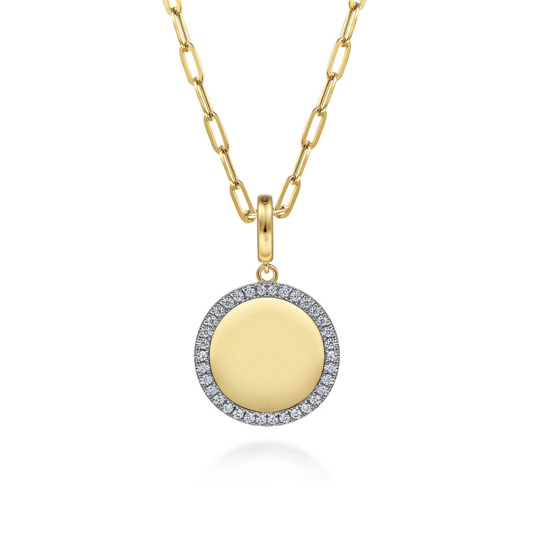 14K Yellow Gold Diamond 18mm Round Medallion Personalized Pendant With Detachable Bail - 0.34 ct - Shot 3