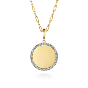 14K Yellow Gold Diamond 24mm Round Medallion Personalized Pendant With Detachable Bail