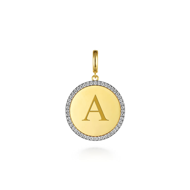 14K Yellow Gold Diamond 24mm Round Medallion Personalized Pendant With Detachable Bail
