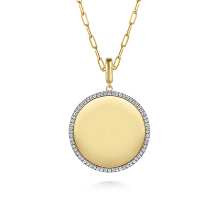 14K Yellow Gold Diamond 32mm Round Medallion Personalized Pendant With Detachable Bail
