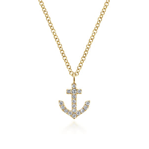 14K Yellow Gold Diamond Anchor Pendant Necklace
