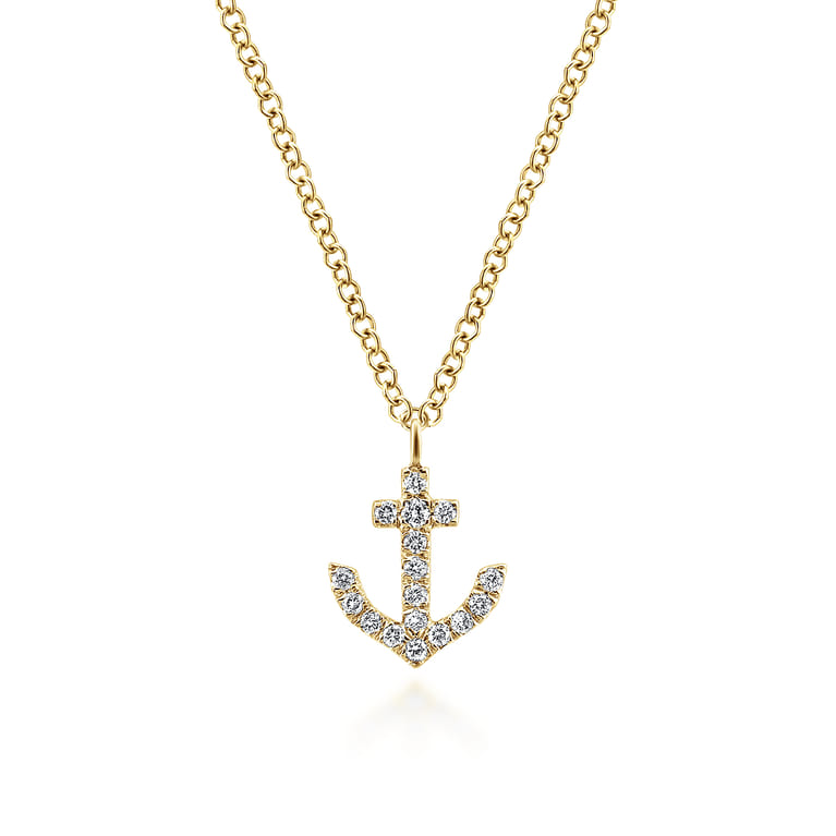 14K Yellow Gold Diamond Anchor Pendant Necklace - 0.09 ct - Shot 1