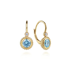 14K Yellow Gold Diamond And Blue Topaz Bujukan Drop Earrings