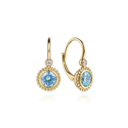 14K Yellow Gold Diamond And Blue Topaz Bujukan Drop Earrings