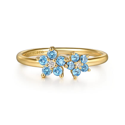 14K Yellow Gold Diamond And Blue Topaz Classic Ring