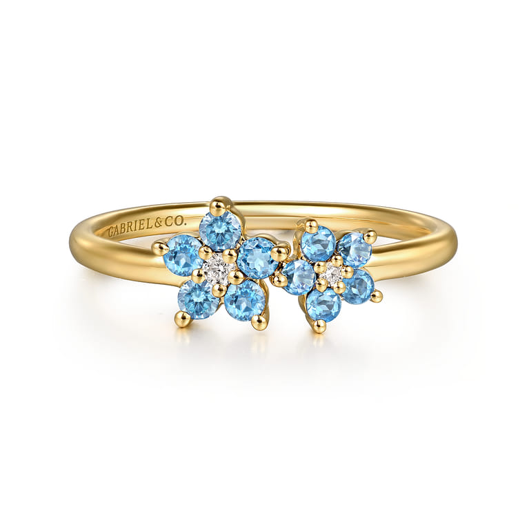 14K Yellow Gold Diamond And Blue Topaz Classic Ring - 0.03 ct - Shot 1