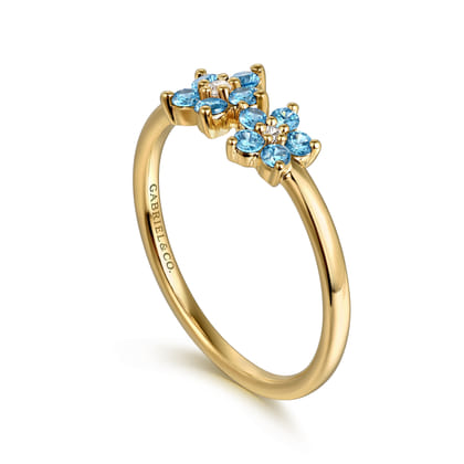 14K Yellow Gold Diamond And Blue Topaz Classic Ring