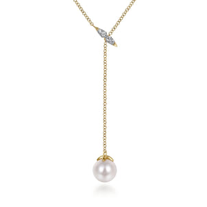 14K Yellow Gold Diamond And Pearl Y Knot Necklace
