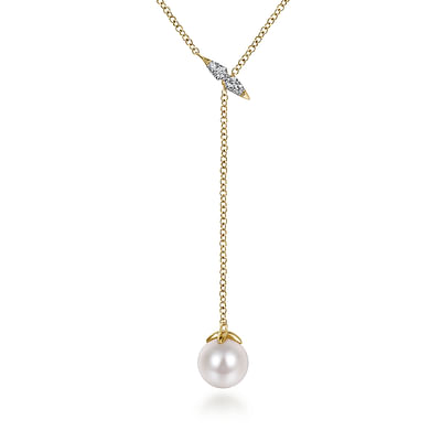 14K Yellow Gold Diamond And Pearl Y Knot Necklace