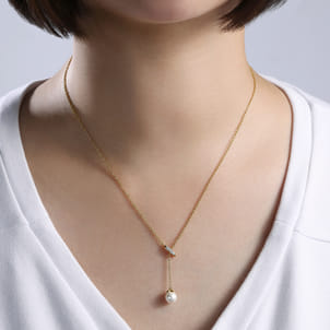 14K Yellow Gold Diamond And Pearl Y Knot Necklace