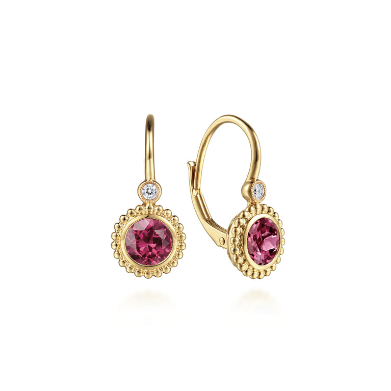 14K Yellow Gold Diamond And Pink Tourmaline Bujukan Drop Earrings - 0.07 ct - Shot 1