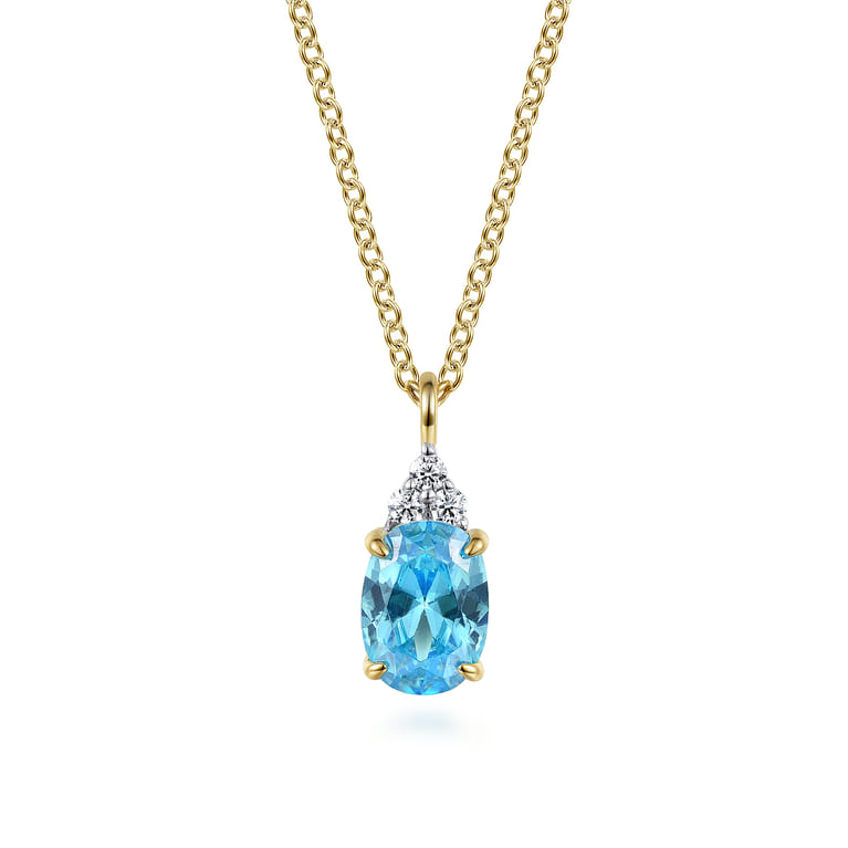 14K Yellow Gold Diamond And Swiss Blue Topaz Pendant Necklace - 0.05 ct - Shot 1