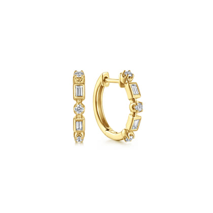14K Yellow Gold Diamond Baguette Huggie Earrings