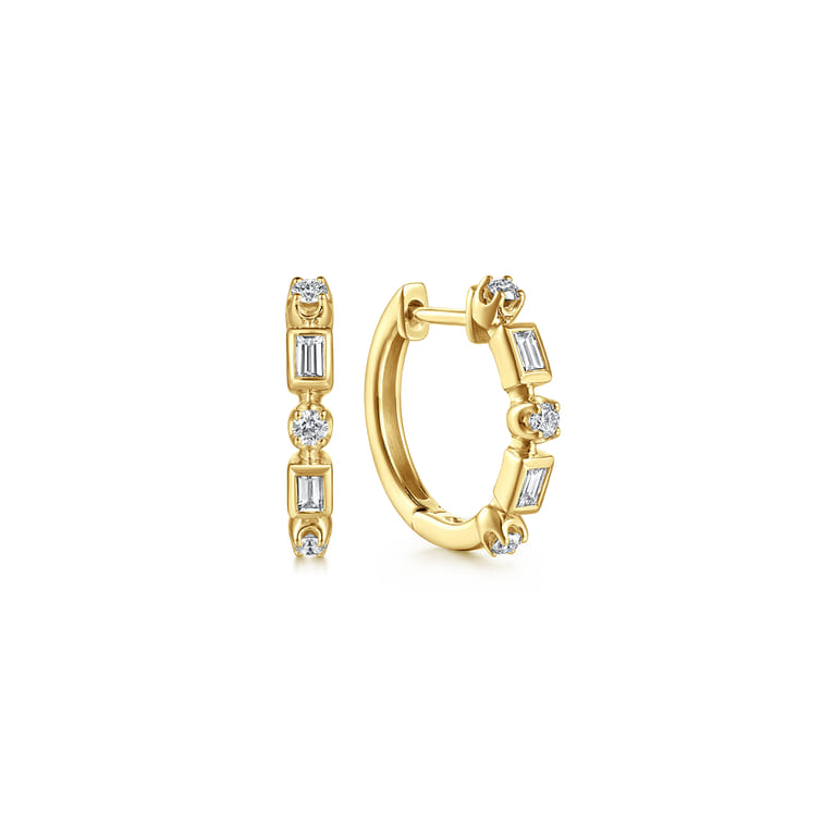 14K Yellow Gold Diamond Baguette Huggie Earrings - 0.32 ct - Shot 1