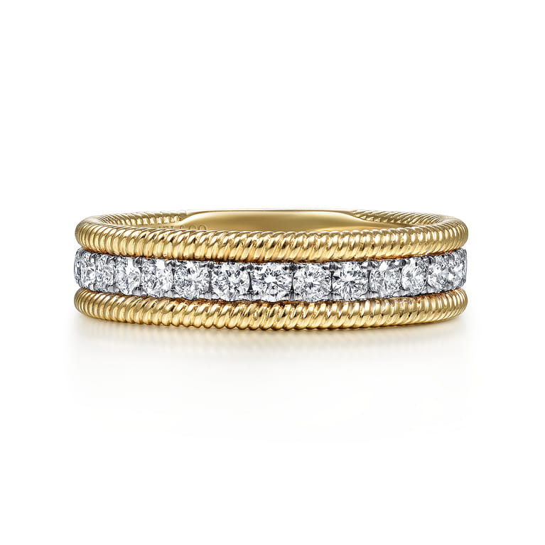 14K Yellow Gold Diamond Band Stackable with Twisted Rope Border - 0.5 ct - Shot 1