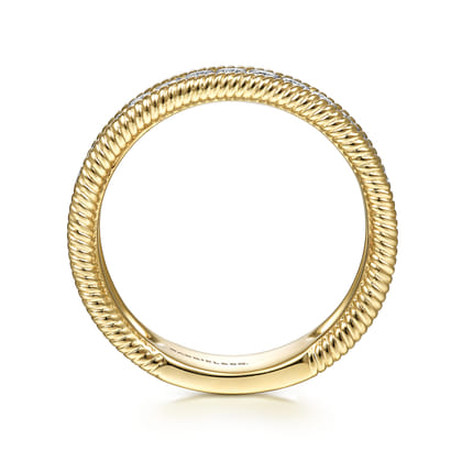 14K Yellow Gold Diamond Band Stackable with Twisted Rope Border