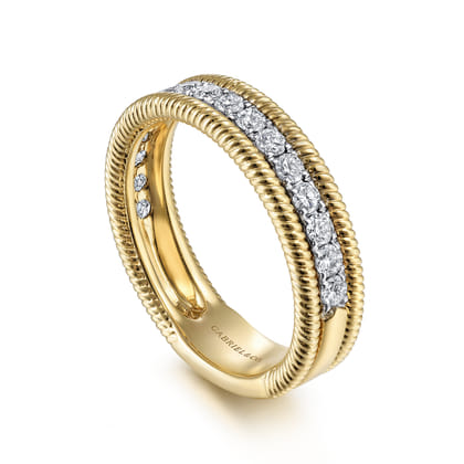 14K Yellow Gold Diamond Band Stackable with Twisted Rope Border