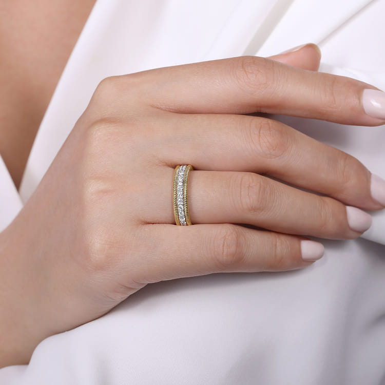 14K Yellow Gold Diamond Band Stackable with Twisted Rope Border