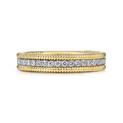 14K Yellow Gold Diamond Band with Twisted Rope Border