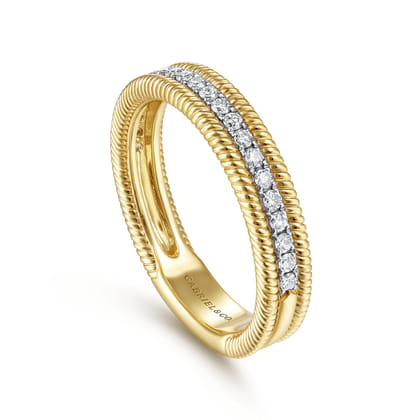 14K Yellow Gold Diamond Band with Twisted Rope Border