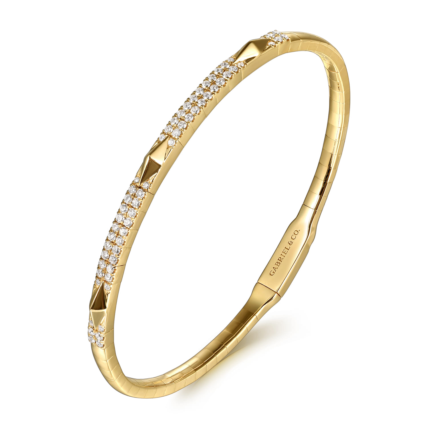 14K Yellow Gold Diamond Bangle Bracelet with Pyramid Rhombus Stations - 0.5 ct - Shot 2