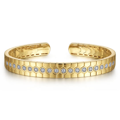 14K Yellow Gold Diamond Bangle with Hexagon Pattern