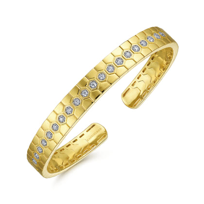 14K Yellow Gold Diamond Bangle with Hexagon Pattern