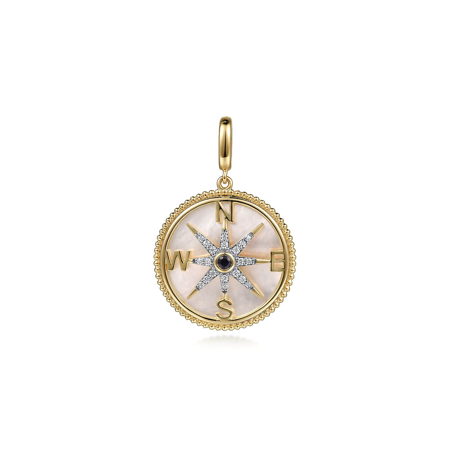 14K Yellow Gold Diamond  Blue Sapphire 24mm Compass Medallion Pendant With Detachable Bail - 0.15 ct - Shot 1