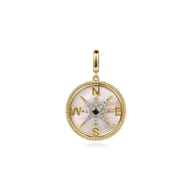 14K Yellow Gold Diamond  Blue Sapphire 24mm Compass Medallion Pendant With Detachable Bail