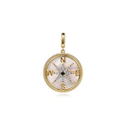 14K Yellow Gold Diamond  Blue Sapphire 24mm Compass Medallion Pendant With Detachable Bail