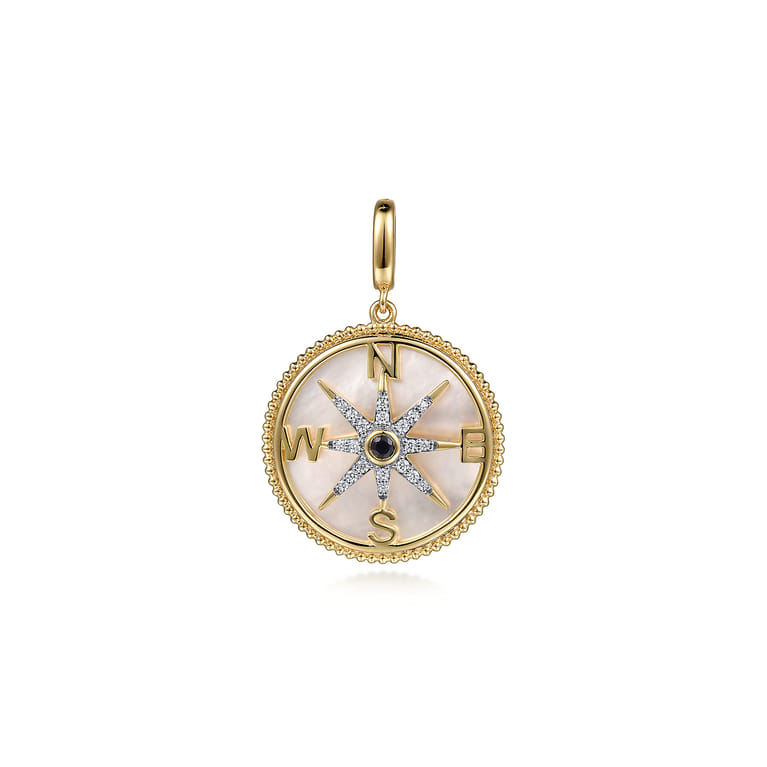14K Yellow Gold Diamond  Blue Sapphire 24mm Compass Medallion Pendant With Detachable Bail - 0.15 ct - Shot 1