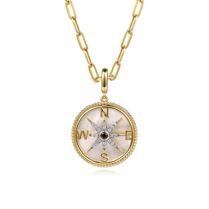 14K Yellow Gold Diamond  Blue Sapphire 24mm Compass Medallion Pendant With Detachable Bail