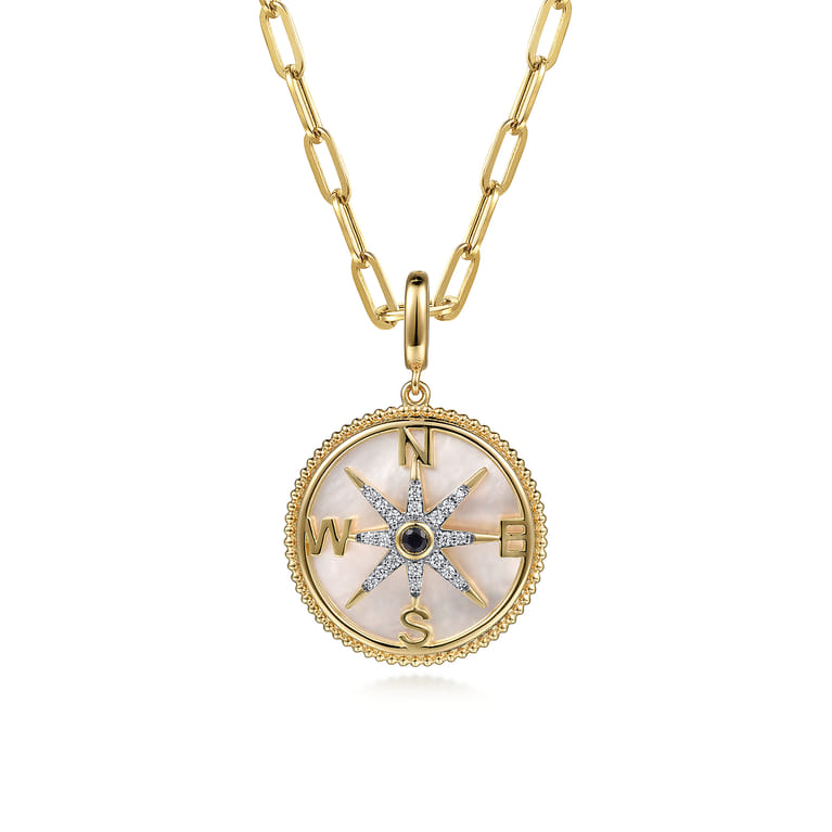 14K Yellow Gold Diamond  Blue Sapphire 24mm Compass Medallion Pendant With Detachable Bail - 0.15 ct - Shot 3