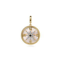 14K Yellow Gold Diamond Blue Sapphire 24mm Compass Medallion Pendant with Detachable Bail