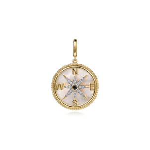 14K Yellow Gold Diamond  Blue Sapphire Compass Medallion Pendant With Detachable Bail