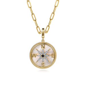 14K Yellow Gold Diamond  Blue Sapphire Compass Medallion Pendant With Detachable Bail